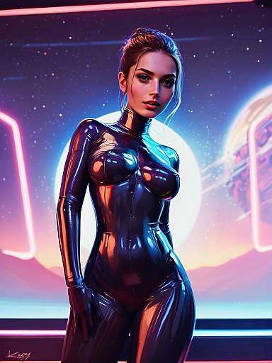 Futuristic Woman in Glossy Black Bodysuit with Neon Sci-Fi Background