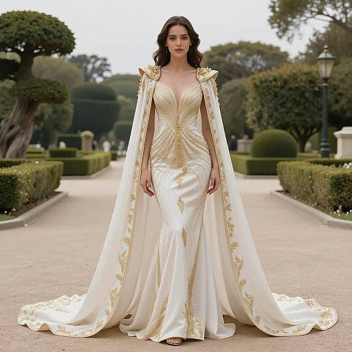 Elegant Woman in Gold-Embroidered White Gown with Dramatic Cape in Garden