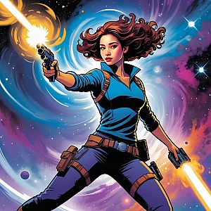 Confident Woman Firing Guns in Cosmic Scene