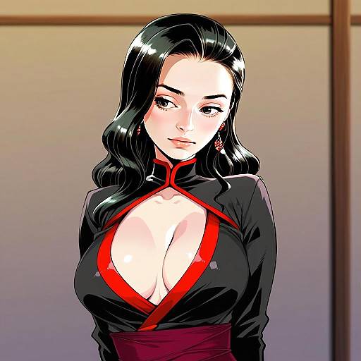 Anime Style Portrait of Woman in Form-Fitting Red and Black Outfit