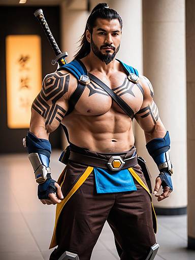 Hanzo Overwatch Cosplay Realistic Man with Tribal Tattoos and Sword