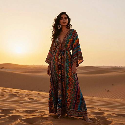Bohemian Woman in Colorful Maxi Dress Standing in Desert at Sunset