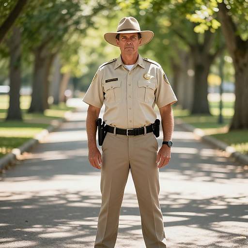 Male Park Ranger in Khaki Uniform Standing on Tree-Lined Pathway