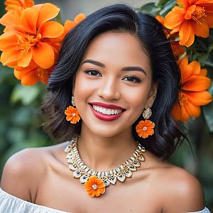 Radiant woman with dark hair and orange flower jewelry