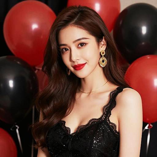 Glamorous Young Woman in Black Lace Dress with Red and Black Balloons