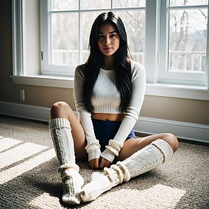 Young Woman Sitting on Floor in Cozy Knitwear by Window