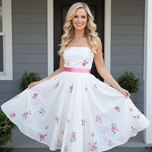 Blonde Woman in White Pink Floral Sundress on Porch