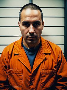Man in Orange Prison Jumpsuit Against Striped Background