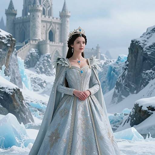 Ice Queen in Silver-Blue Gown by Snowy Castle