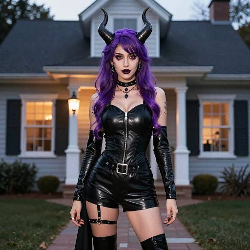 Woman in Black Leather Goth Halloween Costume with Horns and Purple Hair