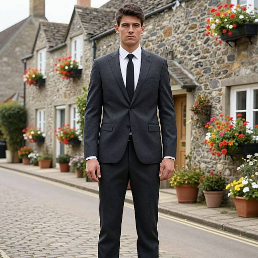 Young Man in Charcoal Suit on Cobblestone Street in Village