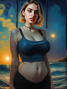 Confident Woman Against Surreal Seascape at Dusk