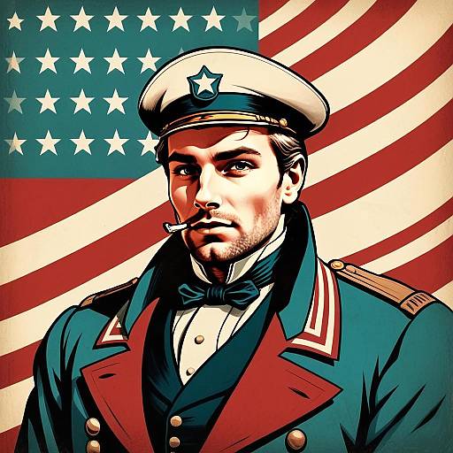 Vintage Military Man in Patriotic American Flag Digital Illustration