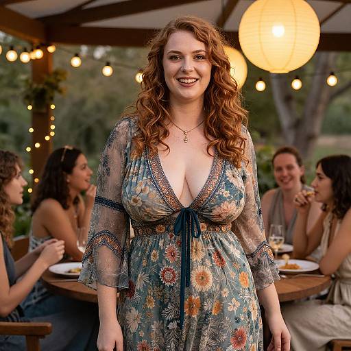 Smiling Red-Haired Woman in Floral Dress at Outdoor Evening Gathering