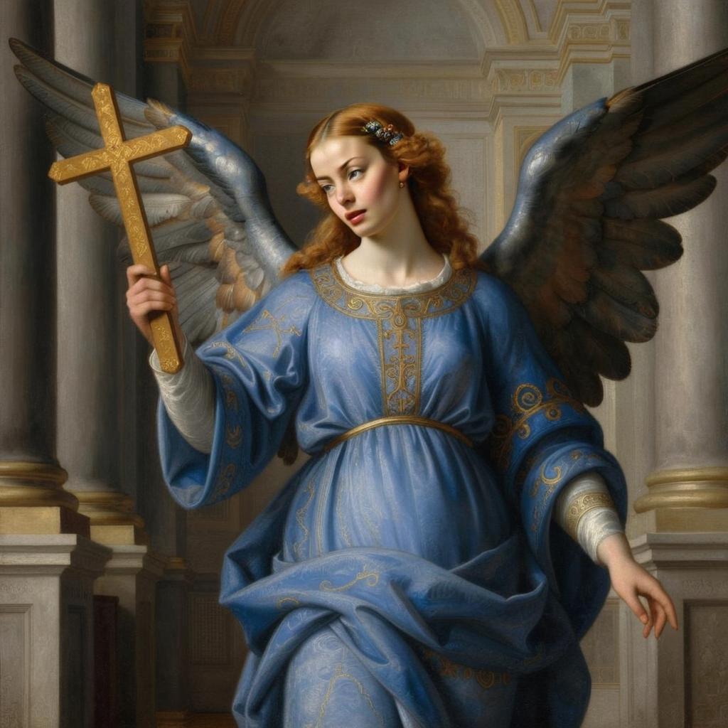 Classical Angel Woman in Blue Robe Holding Golden Cross