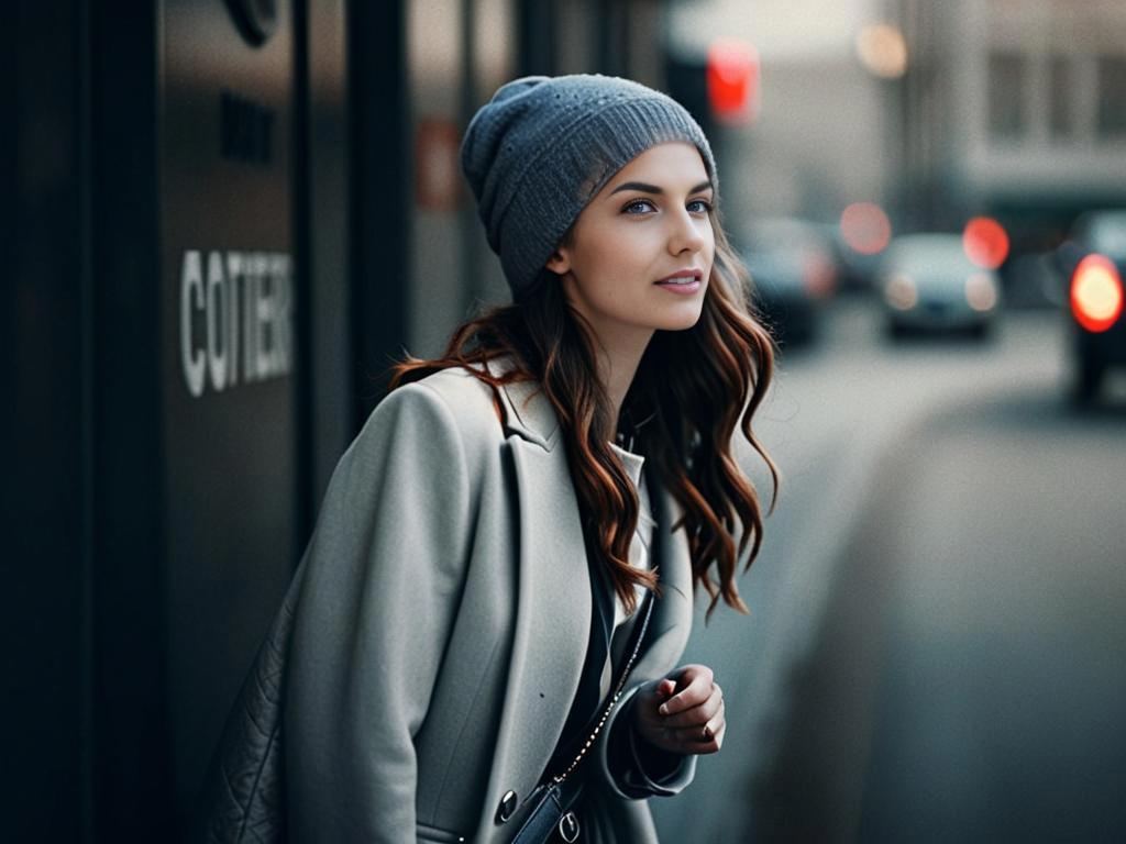 Stylish woman in beanie against urban backdrop