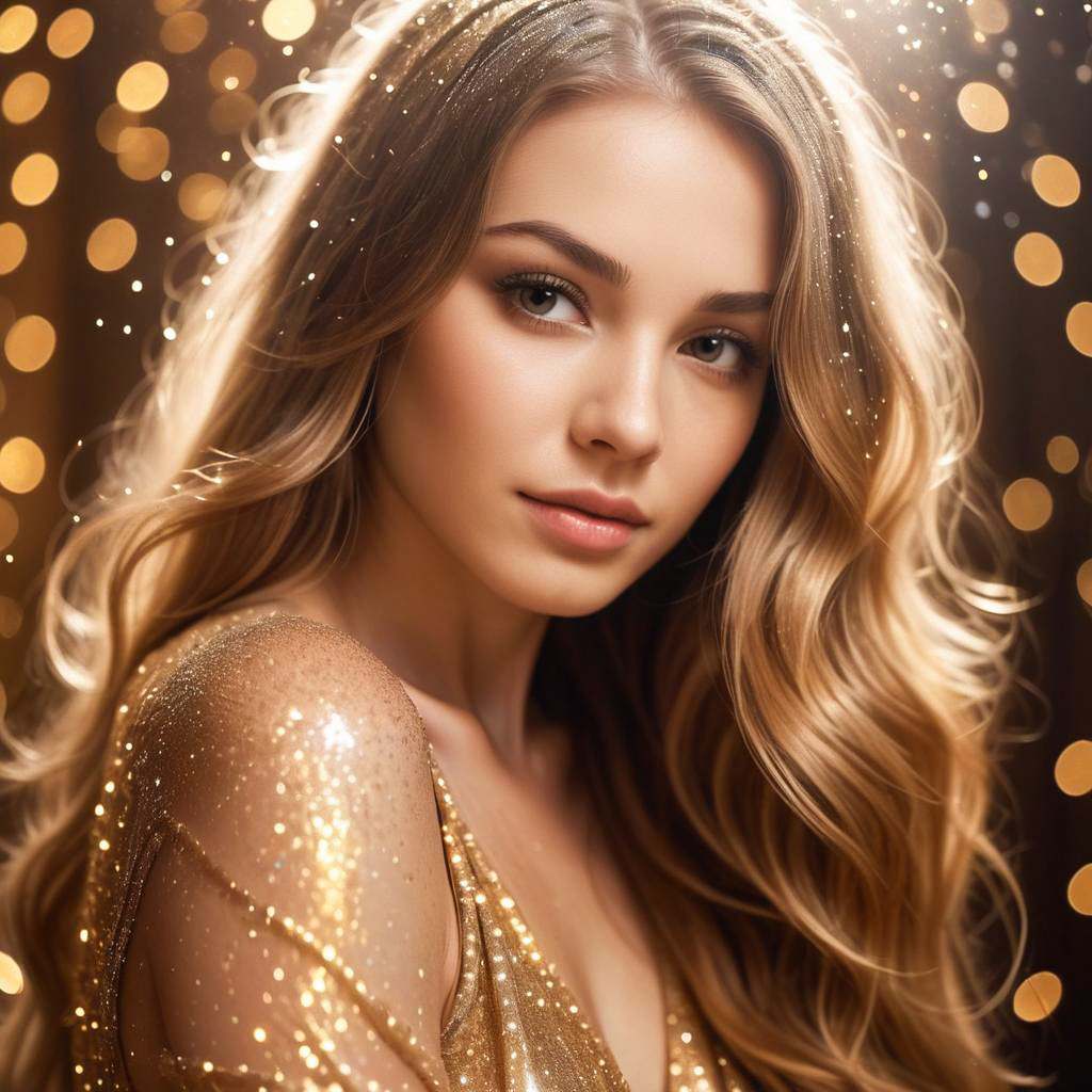 Glamorous Woman in Gold Dress with Sparkling Background Glamorous Woman in Gold Dress with Sparkling Background