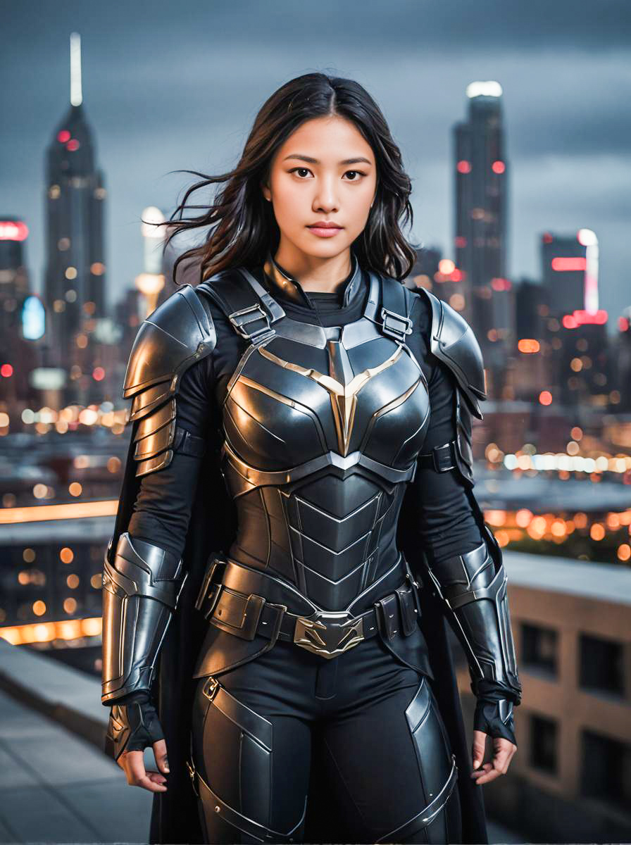 Futuristic Superhero Woman in City Skyline