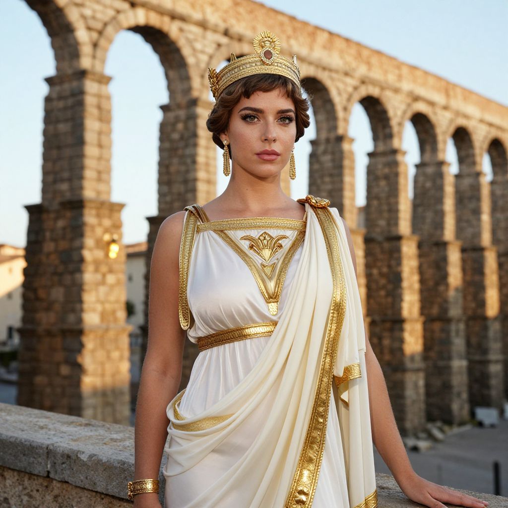 Ancient Roman Woman in White and Gold Toga by Historic Aqueduct