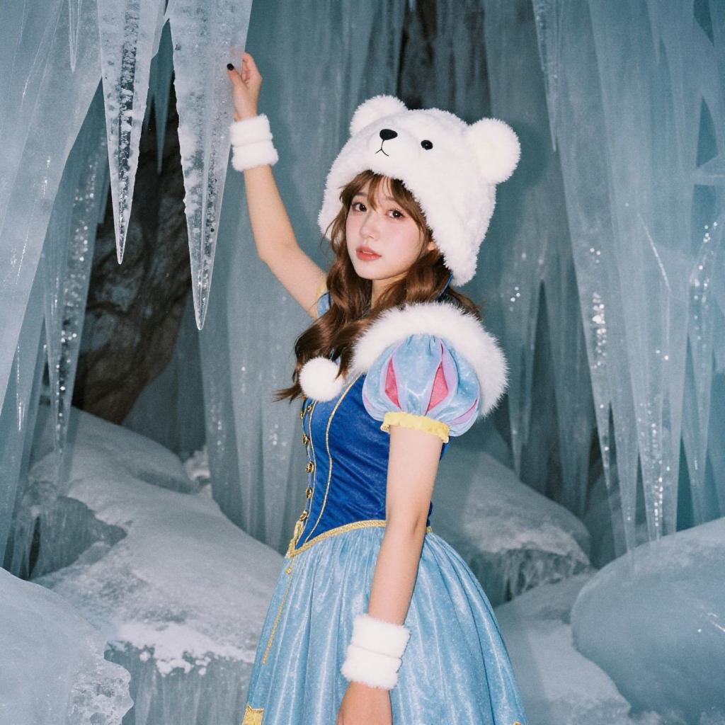 Young Woman in Polar Bear Hat and Winter Dress Among Icicles