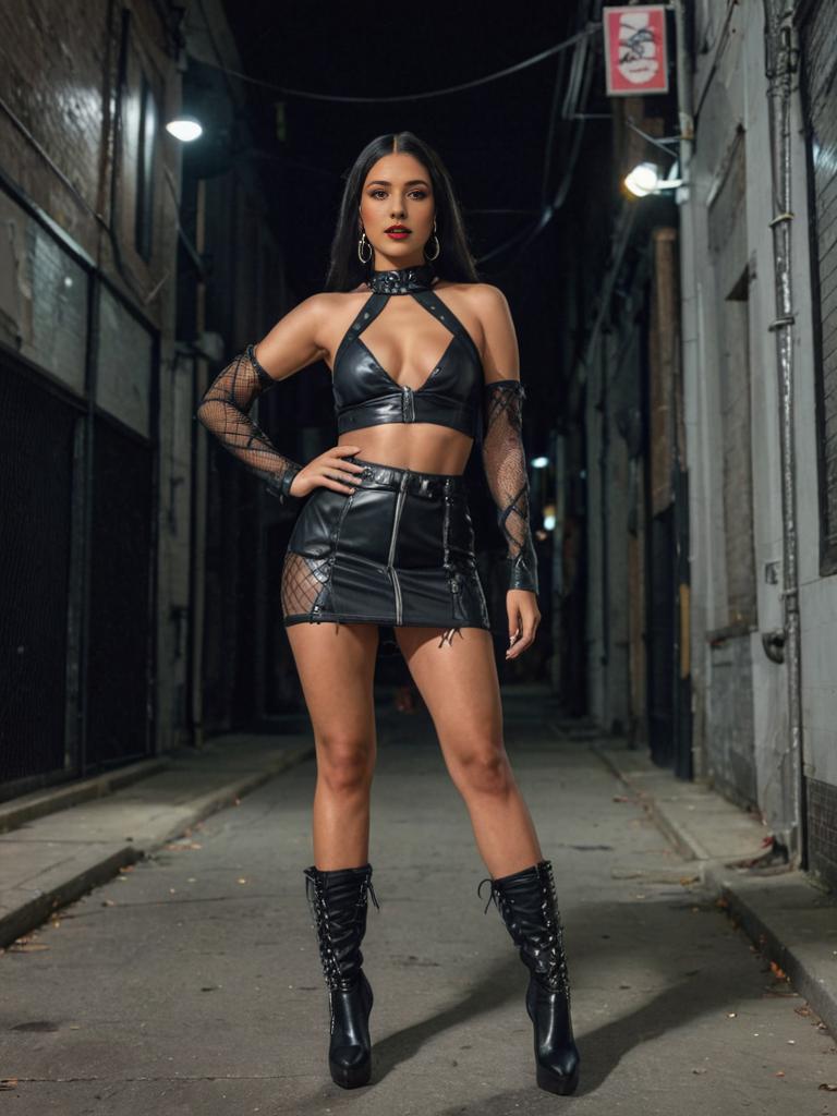 Confident Woman in Leather Outfit in Dark Alley