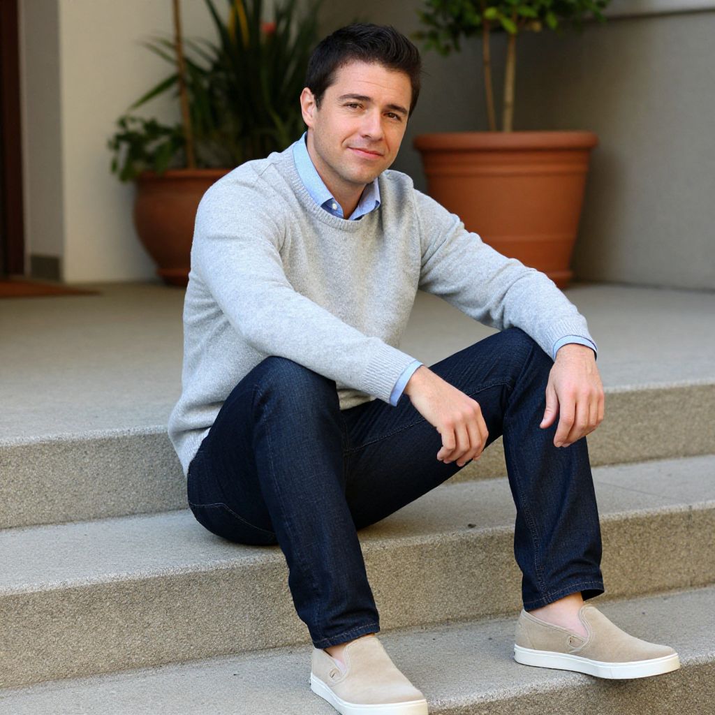 Casual Man Sitting on Outdoor Steps Wearing Sweater and Jeans