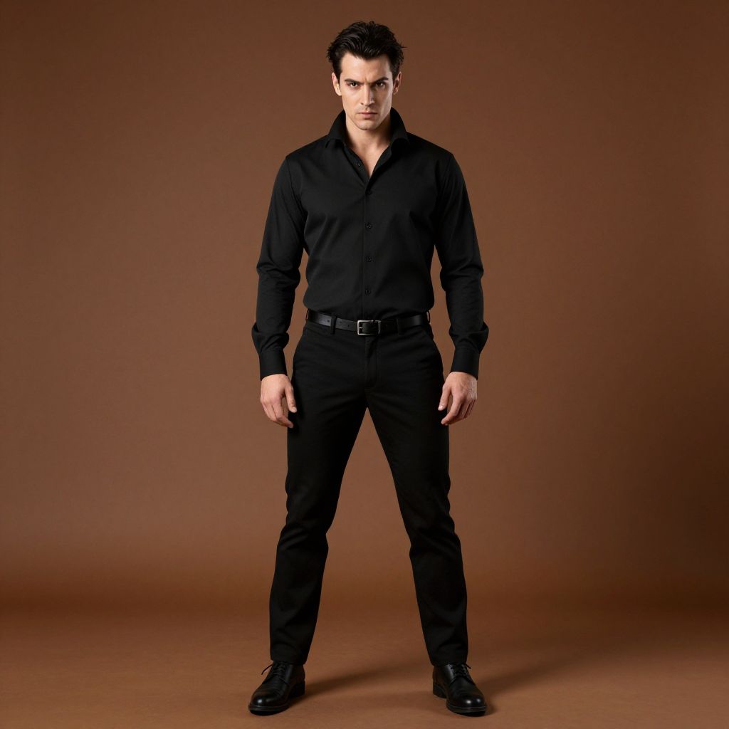 Confident Man in Stylish All-Black Fashion Outfit on Brown Background