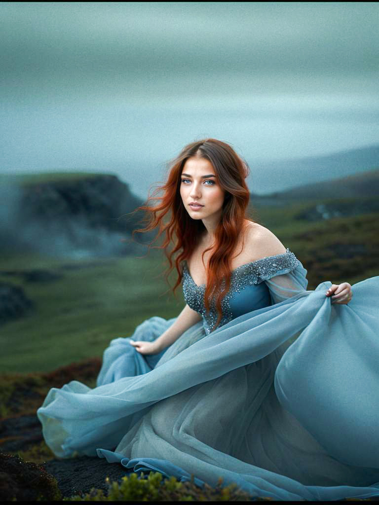 Enchanting Woman in Blue Gown Amidst Misty Landscape