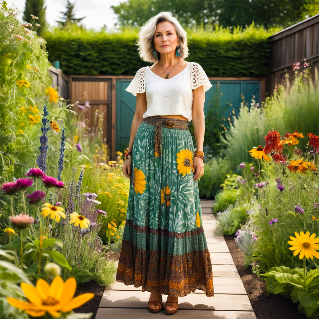 Woman in Vibrant Garden with Sunflower Skirt