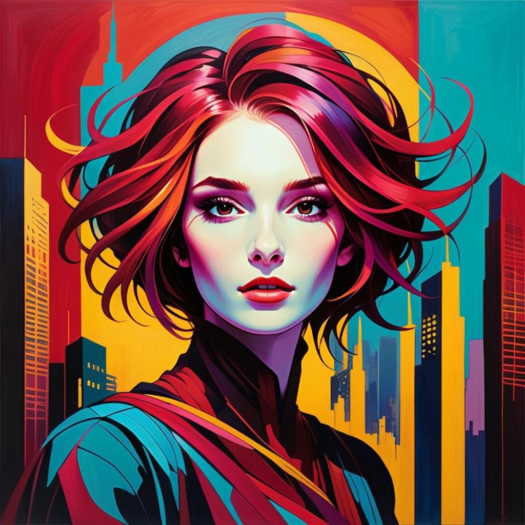Vibrant Portrait of Woman with Red Hair and Urban Skyline