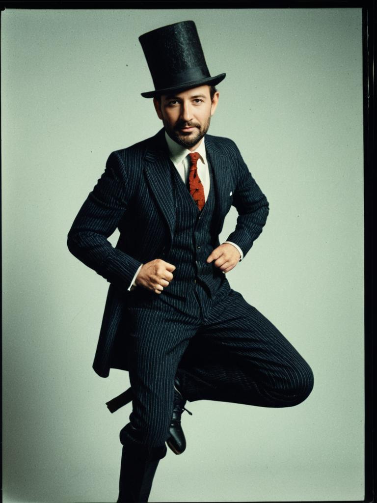 Man in Vintage Pinstripe Suit and Top Hat Detailed Headshot