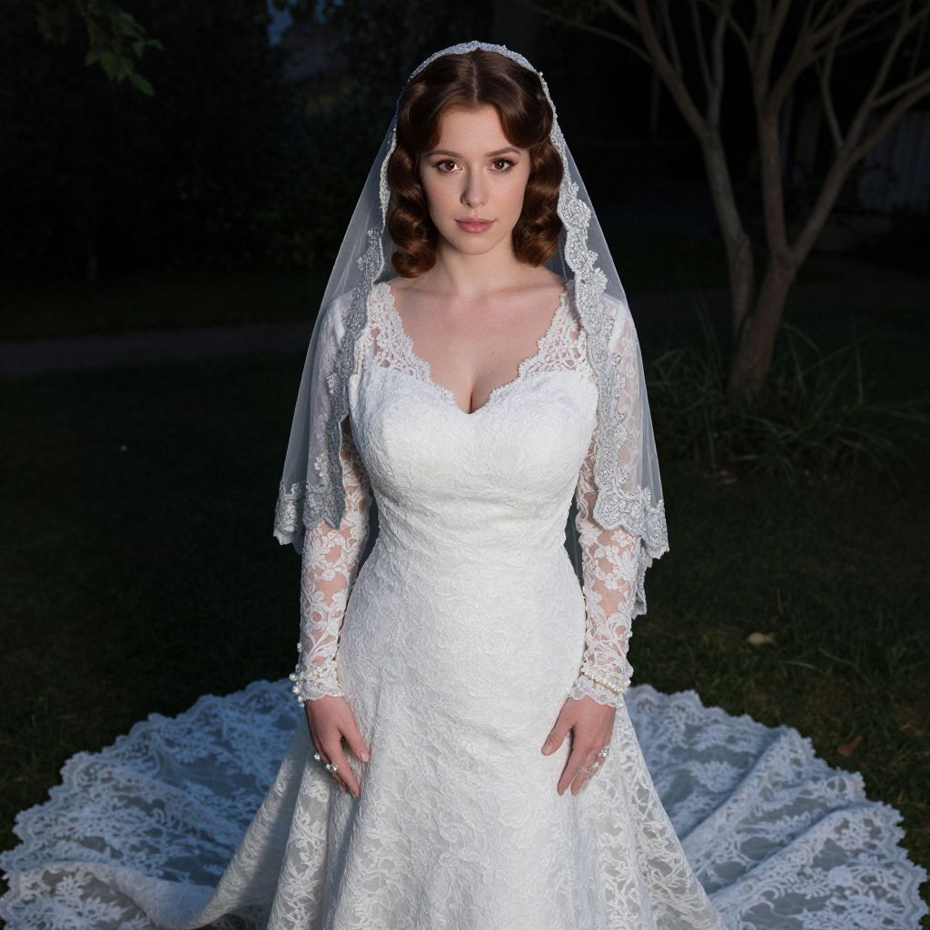 Vintage Lace Long Sleeve Wedding Dress with Veil Outdoors