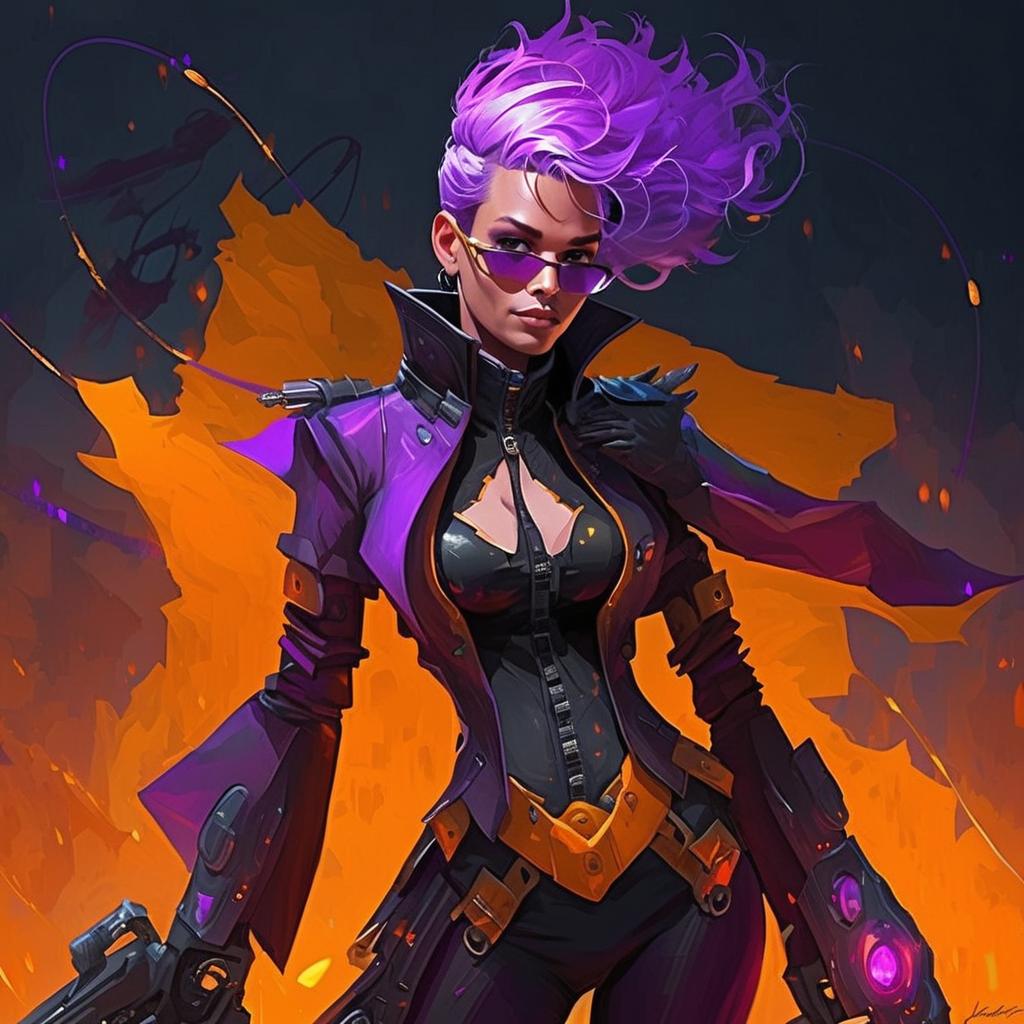 Confident Woman with Purple Hair in Futuristic Cyberpunk Attire Confident Woman with Purple Hair in Futuristic Cyberpunk Attire