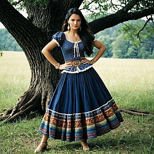 Woman in Traditional Blue Folk Dress Standing in Nature