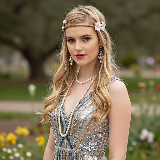 Elegant Blonde Woman in Vintage 1920s Flapper Dress with Pearl Accessories
