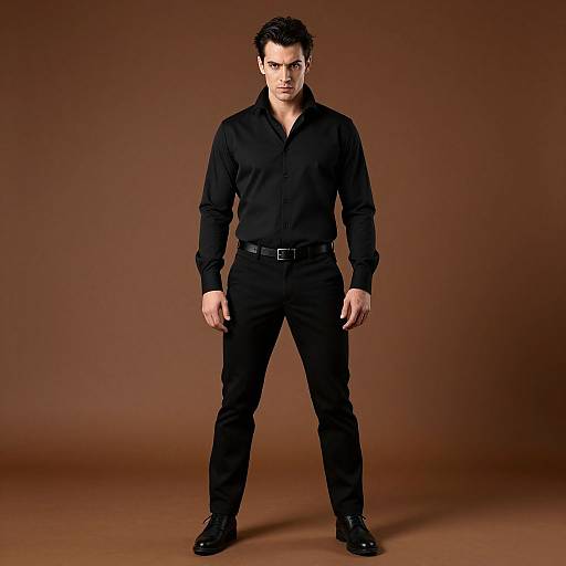 Confident Man in Stylish All-Black Fashion Outfit on Brown Background