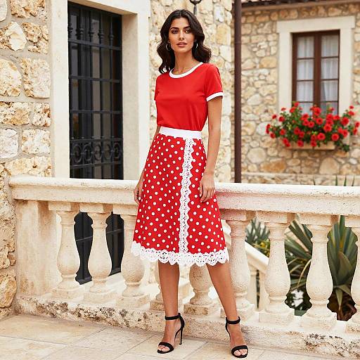 Trendy Woman in Red Polka Dot Skirt and Top Vintage Style Fashion