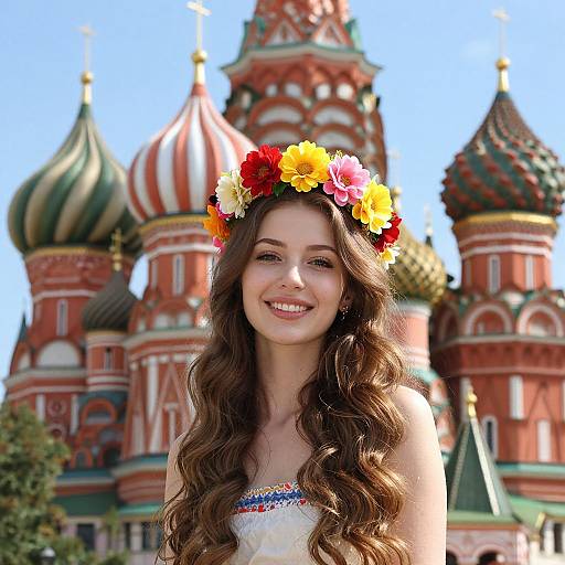 Smiling Woman with Flower Crown in Front of Saint Basil's Cathedral Moscow