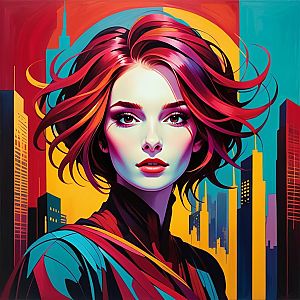 Vibrant Portrait of Woman with Red Hair and Urban Skyline