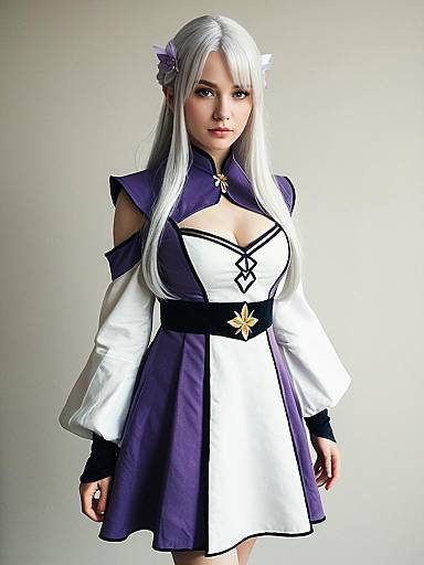 Realistic Emilia Cosplay Woman in Purple and White Costume