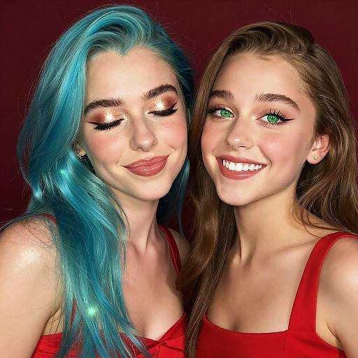 Gen Z Women with Blue Hair and Green Eyes in Red Tops