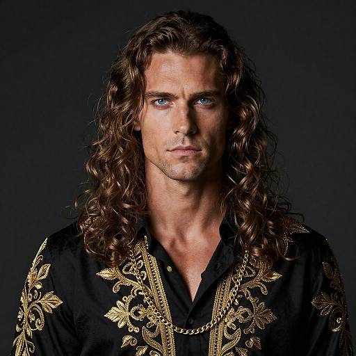 Man with Long Curly Hair Wearing Ornate Black and Gold Shirt Portrait
