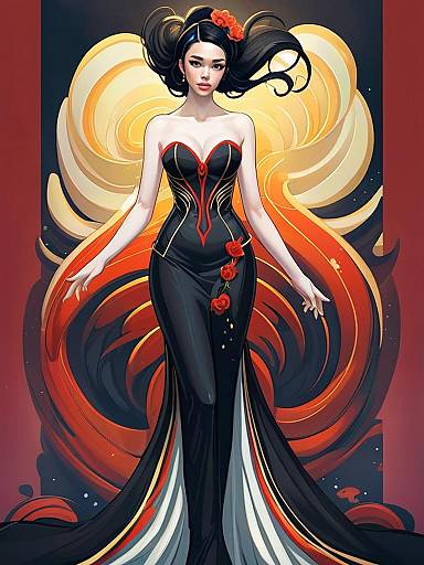 Elegant Woman in Black Gown with Red Roses Digital Art Illustration
