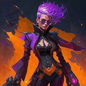 Confident Woman with Purple Hair in Futuristic Cyberpunk Attire