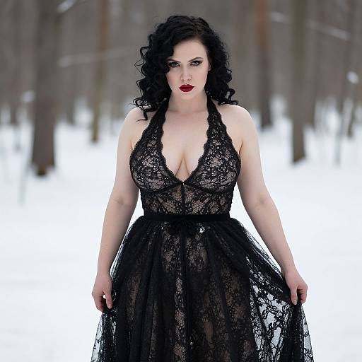 Woman in Black Lace Dress Posing in Snowy Forest