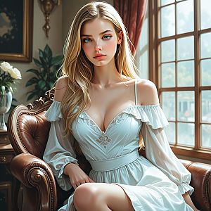 Elegant Woman in White Dress on Leather Armchair