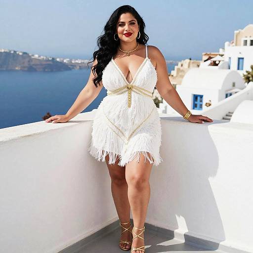 Elegant Woman in White Dress on Mediterranean Terrace with Scenic Coastal View