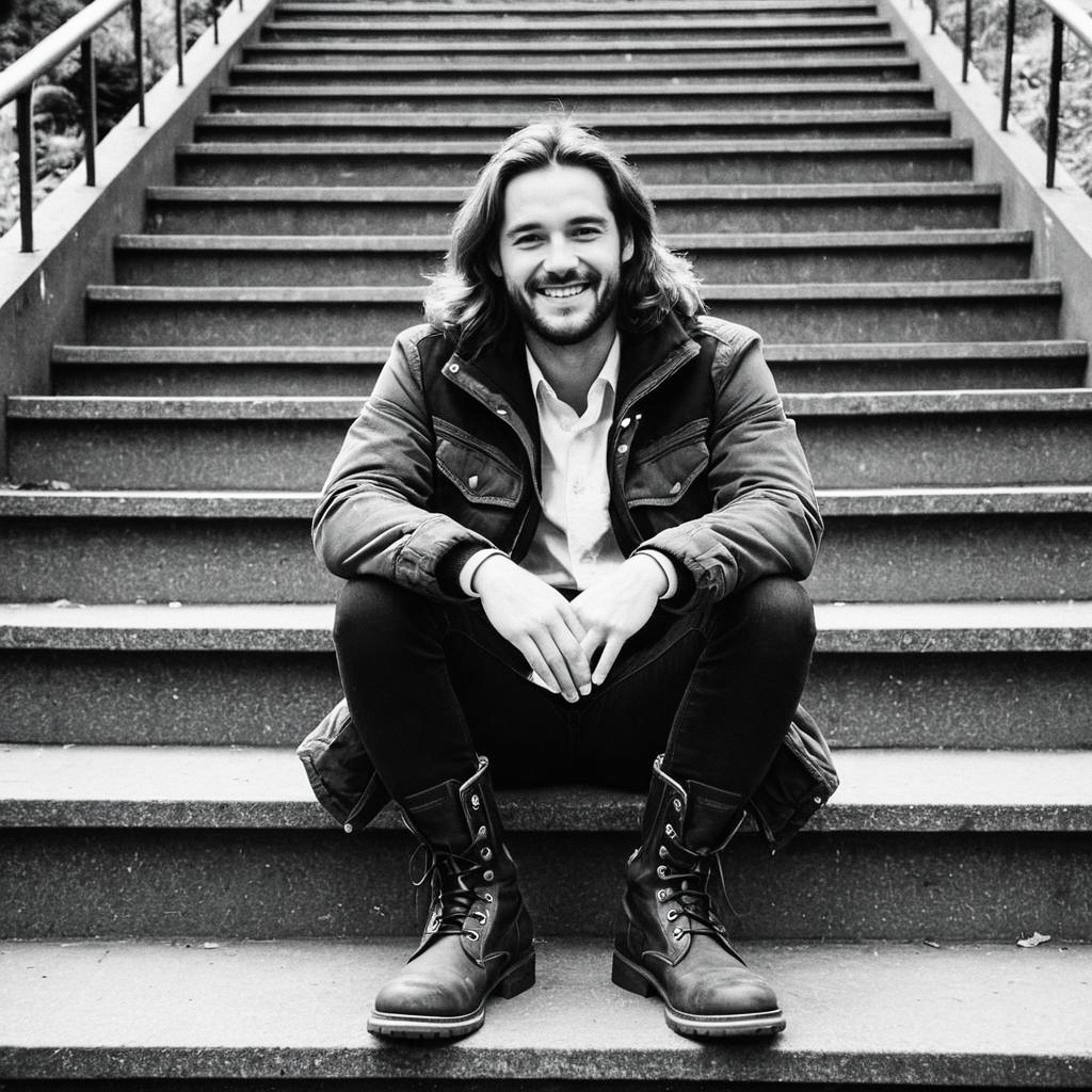 Smiling Man on Outdoor Steps Smiling Man on Outdoor Steps