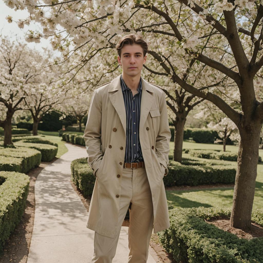 Stylish Man in Trench Coat in Artistic Garden Setting