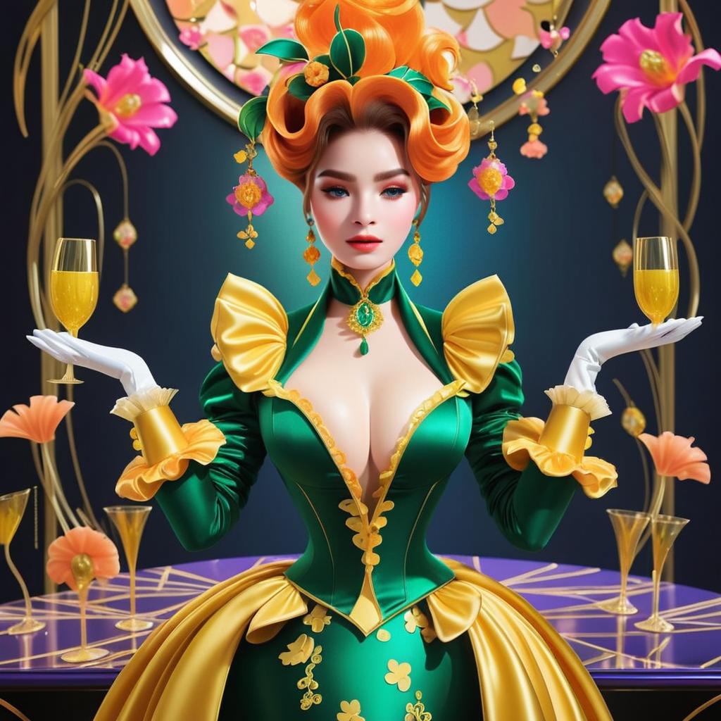 Elegant Woman in Green and Gold Victorian Dress Holding Glasses
